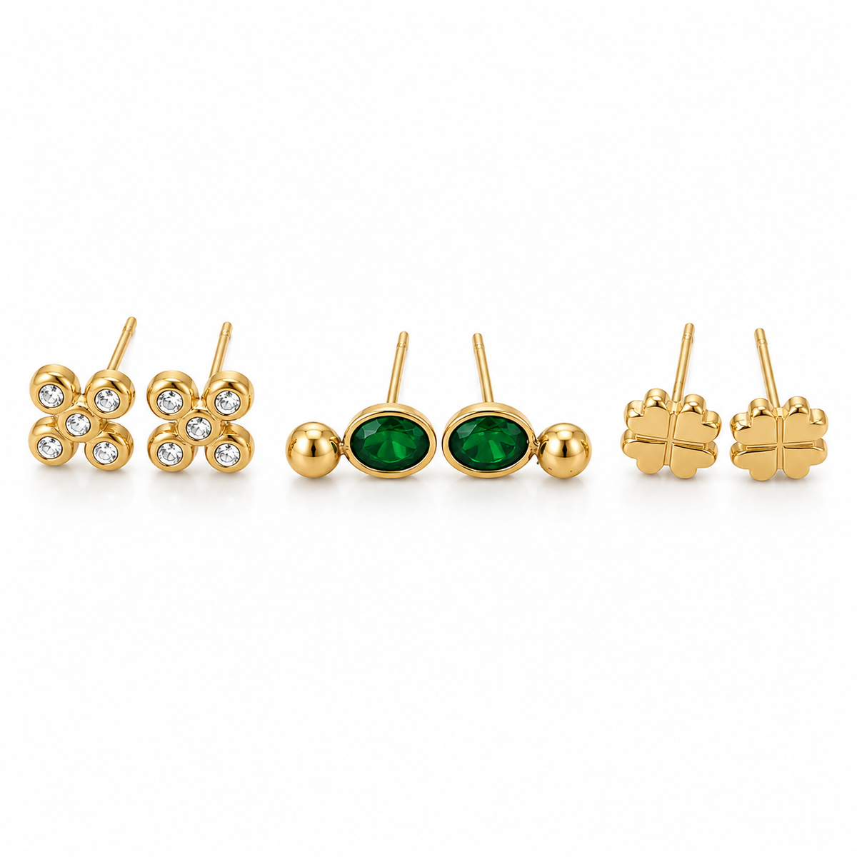 Earrings Gold Floral Cluster, Emerald Oval Drop & Textured Clover Stud Earrings Set of 3 Pairs