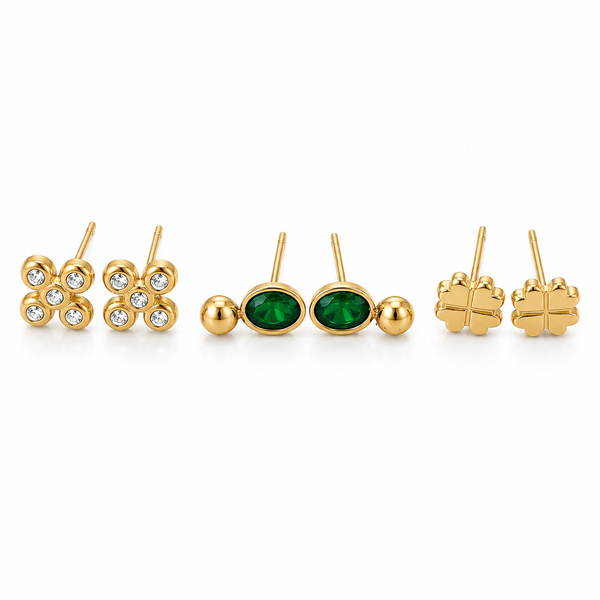 Earrings Gold Floral Cluster, Emerald Oval Drop & Textured Clover Stud Earrings Set of 3 Pairs