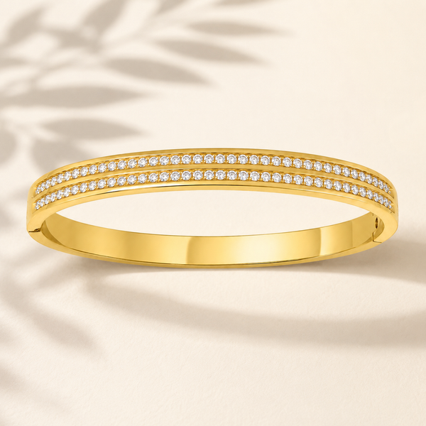Gold Crescent Diamond Oval Kada for Women | Curved Arc Stone Stainless Steel Ladies Bangle | Celestial Design Jewellery - House of Viya