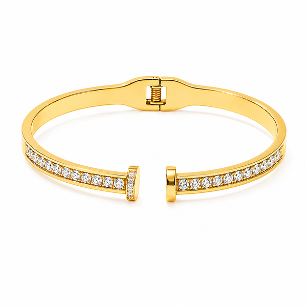 Open Dual Band Nail Design Baby Kada Bangle | Gold Plated Pave CZ Screw Head Cuff for Women