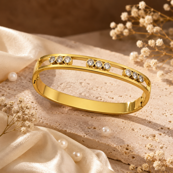 Kadas Gold-Tone Crystal-Studded Floral Design Slim Kada for Women - House of Viya