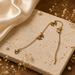 Gold Plated Bow Ribbon Charm Station Delicate Chain Bracelet with Lobster Clasp