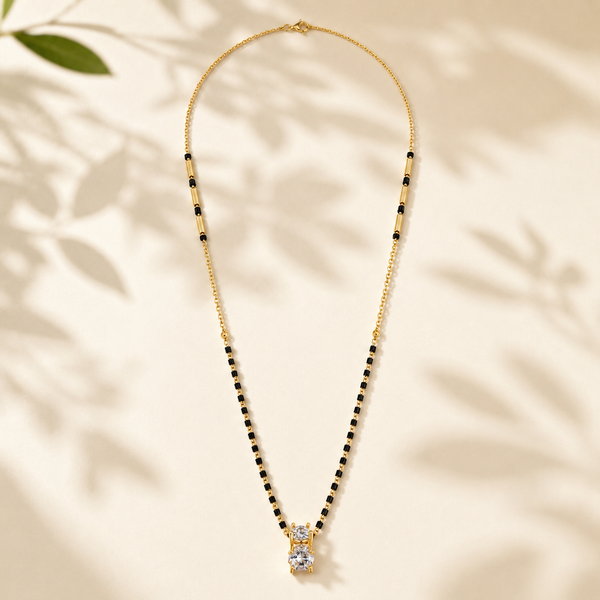 KZ Gold Plated Square CZ Solitaire Mangalsutra for Women Black Bead Chain Stacked Stone Pendant FS - House of Viya