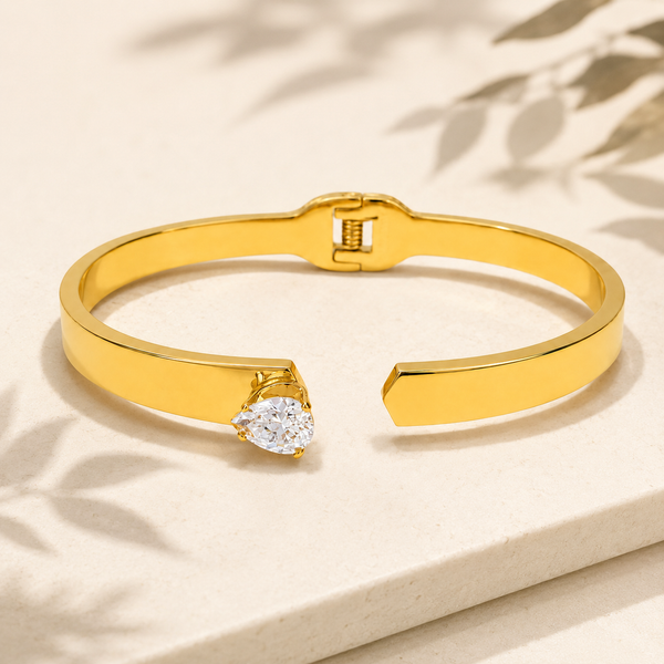 Gold Hinged Pear Solitaire Diamond Oval Kada for Women | Single Teardrop Stone Stainless Steel Ladies Bangle | Statement Festive Jewellery - House of Viya