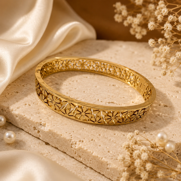 Kadas Gold-Tone Floral Cutwork Design Kada Bangle for Women - House of Viya