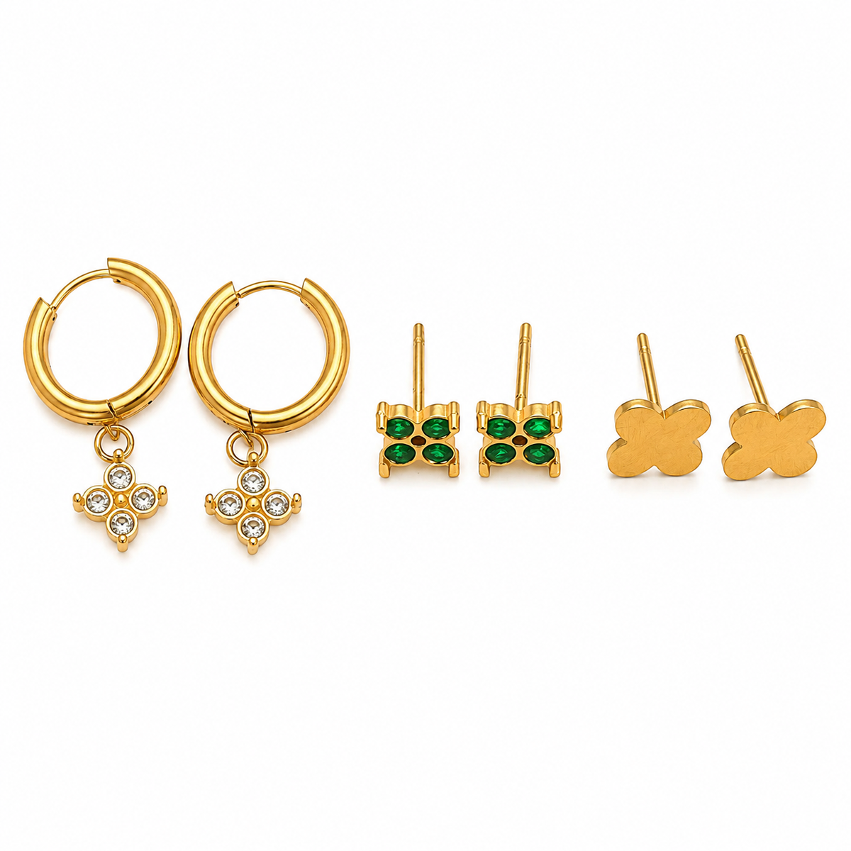 Earrings Pave Drop Hoop, Emerald Cluster Square & Gold Clover Charm Stud Earrings Set of 3 Pairs