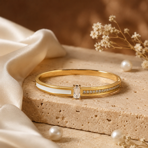 Kadas Gold-Tone Baguette Solitaire Stone-Studded Kada with Crystal Shoulder Accents - Polished Finish Slim Bracelet