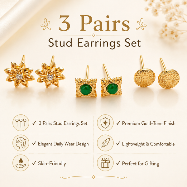 Earrings Gold Snowflake, Emerald Square & Textured Dome Stud Earrings Set of 3 Pairs