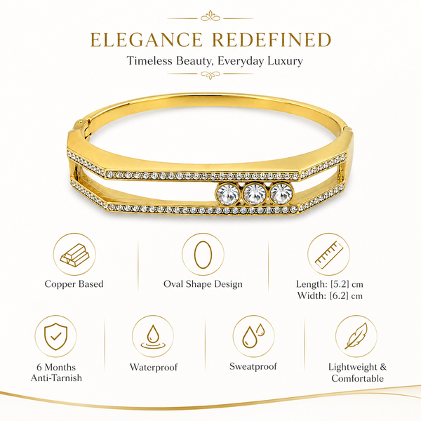 Gold Bright High Polish Diamond Oval Kada for Women | Mirror Finish Stone Stainless Steel Ladies Bangle | Glossy Festive Jewellery - House of Viya