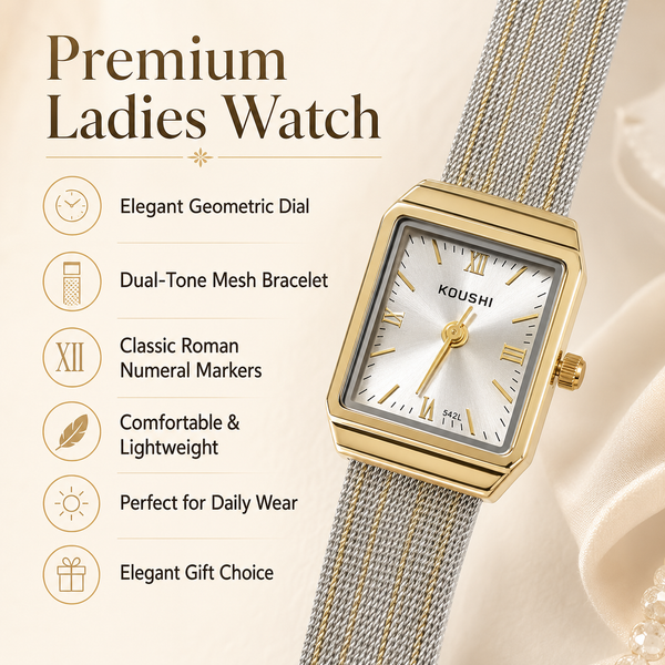 Watches Two-Tone Rectangular Dial Roman Numeral Mesh Bracelet Watch for Women