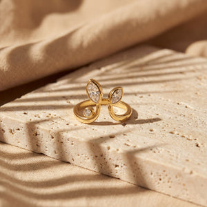 Dual Pear CZ Open Bypass Ring in Gold Plated Finish – Twin Teardrop Statement Ring for Women by House of Viya