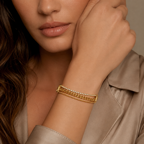 Gold Plated Triple Strand Bracelet with Curb Chain Center and Pave White Stone Side Chains - House of Viya