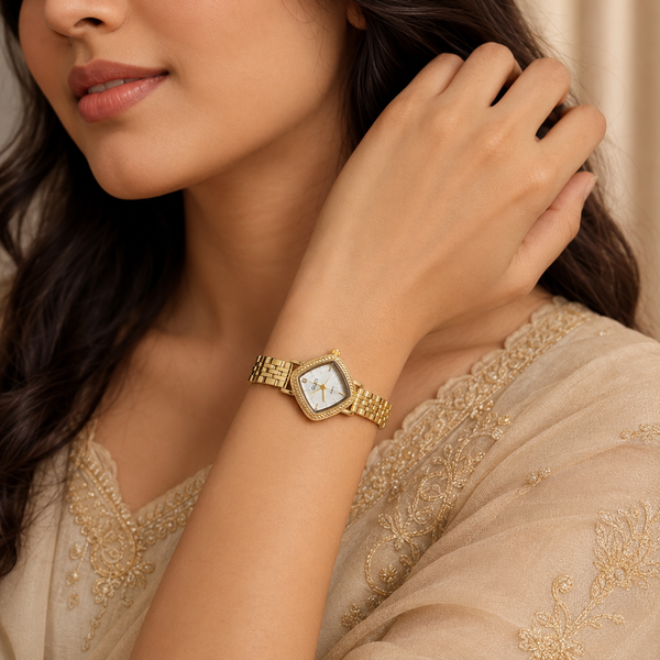 Watches Gold-Tone Cushion Dial Crystal Studded Bracelet Watch for Women - House of Viya