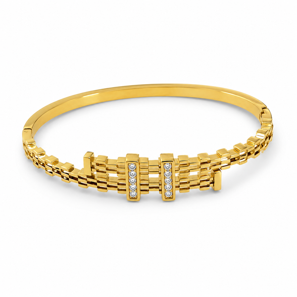 Gold Tension Set Diamond Oval Kada for Women | Floating Solitaire Stainless Steel Ladies Bangle | Minimalist Design Jewellery - House of Viya