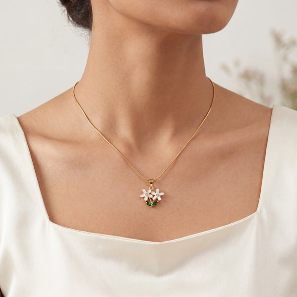 Gold Green Leaf Enamel Flower Pendant Chain Anti-Tarnish Necklace