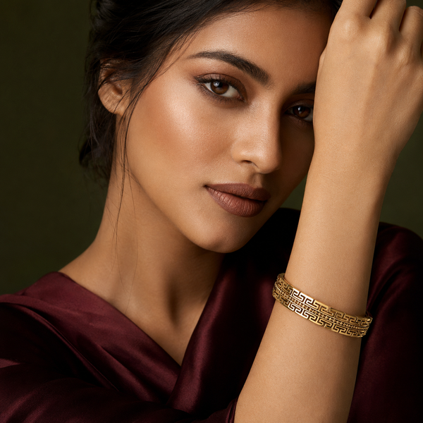 Kadas Gold-Tone Geometric Engraved Pattern Kada Bangle for Women - House of Viya