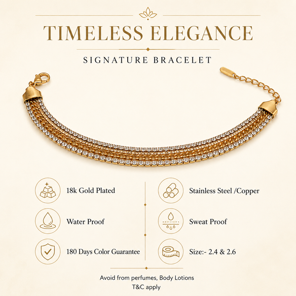 Gold Plated Wide Triple Strand Curb Chain Bracelet with Centre White Stone Tennis Row - House of Viya
