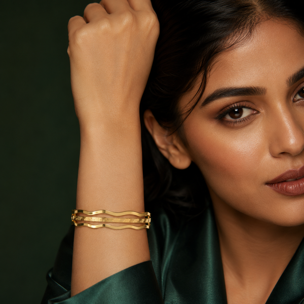 Kadas Gold-Tone Triple-Layer Wavy Engraved Kada Bangle for Women - House of Viya