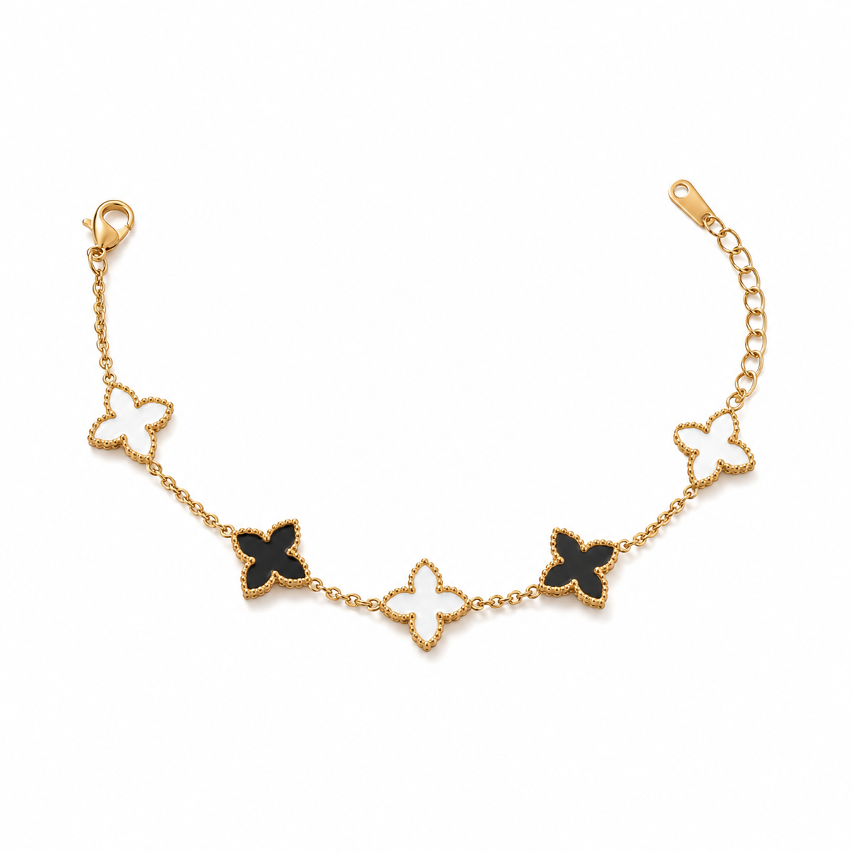 Gold Plated Black and White Mother of Pearl Clover Charm Station Chain Bracelet with Lobster Clasp