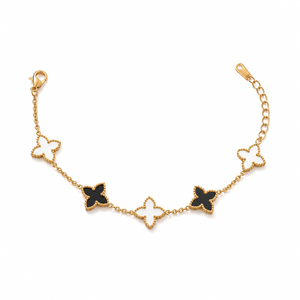 Gold Plated Black and White Mother of Pearl Clover Charm Station Chain Bracelet with Lobster Clasp