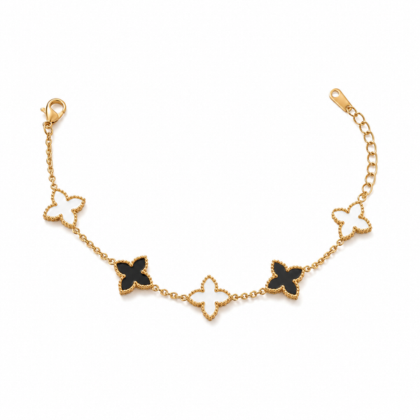 Gold Plated Black and White Mother of Pearl Clover Charm Station Chain Bracelet with Lobster Clasp