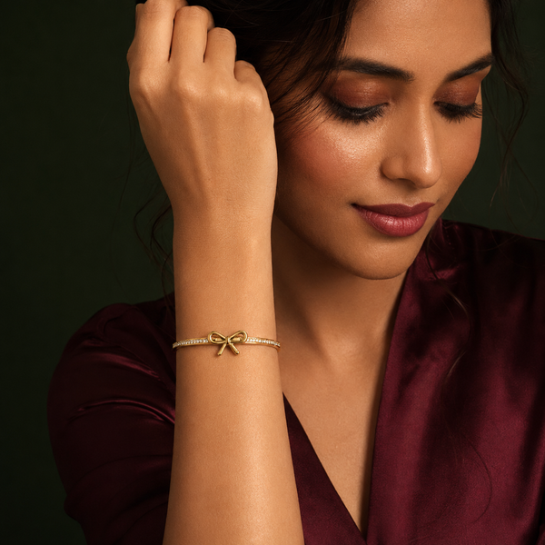 Kadas Gold-Tone Rhinestone-Studded Bow Motif Designer Kada for Women - House of Viya