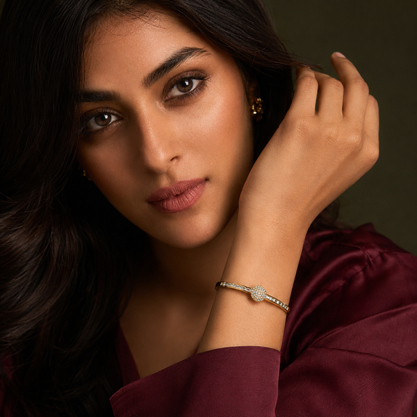 Kadas Gold-Tone Crystal-Studded Heart Motif Bangle-Style Kada for Women - House of Viya
