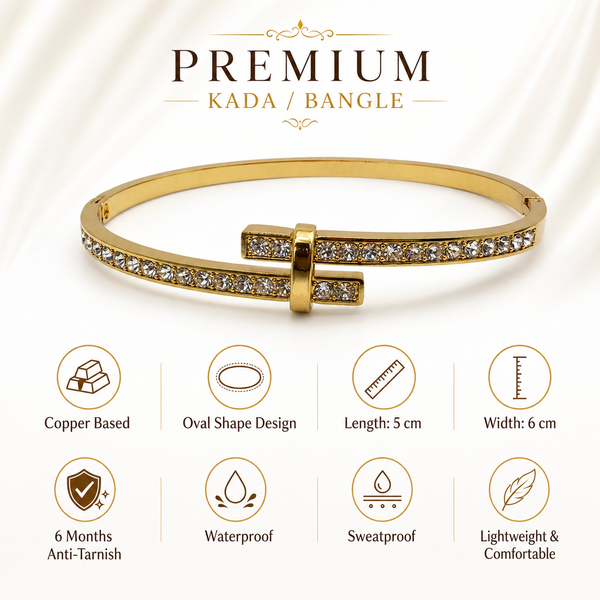 Gold Single Row Round Diamond Oval Kada for Women | Delicate Stone Band Stainless Steel Ladies Bangle | Classic Festive Jewellery - House of Viya