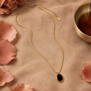 Chain 18K Gold-Plated Slim Chain with Oval Black Stone Pendant - House of Viya