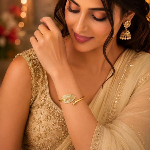 Gold Bright Satin Matte Diamond Oval Kada for Women | Dual Finish Stone Stainless Steel Ladies Bangle | Contemporary Festive Jewellery - House of Viya