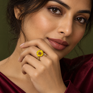 Rings Gold-Plated Yellow Enamel Floral Designer Ring