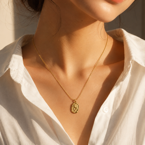 Chain 18K Gold-Plated Slim Chain with Floral Relief Oval Medallion - House of Viya