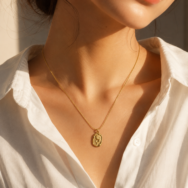 Chain 18K Gold-Plated Slim Chain with Floral Relief Oval Medallion - House of Viya