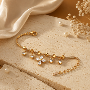 Gold Plated Snake Chain Bracelet with White Clover and White Stone Charm Cluster - House of Viya