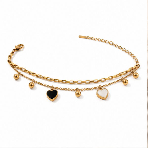 Gold Plated Double Layer Bead Chain Bracelet with Black and White Dangling Heart Charm Drops - House of Viya