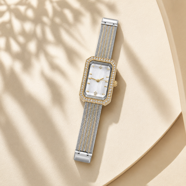 Watches Two-Tone Rectangular Dial Crystal Studded Bezel Bracelet Watch for Women