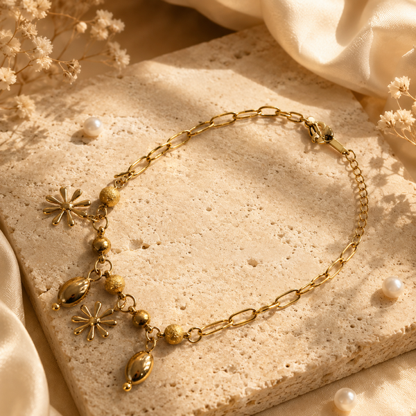 Gold Plated Paperclip Chain with Floral Star and Bead Cluster Charm Bracelet with Lobster Clasp