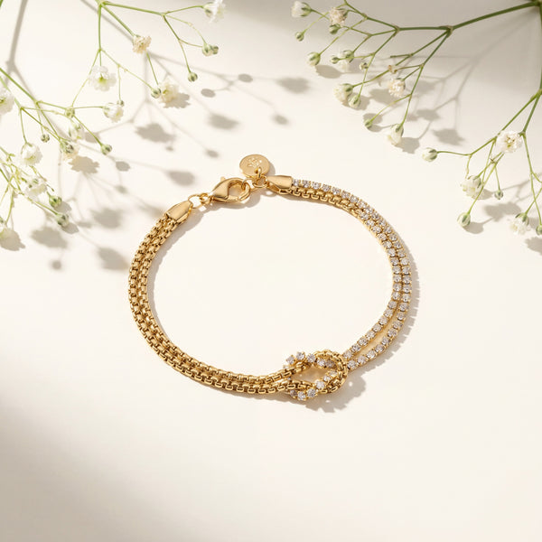 Gold Plated Beaded Ball Chain and White Stone Tennis Chain Bracelet with Love Knot Center