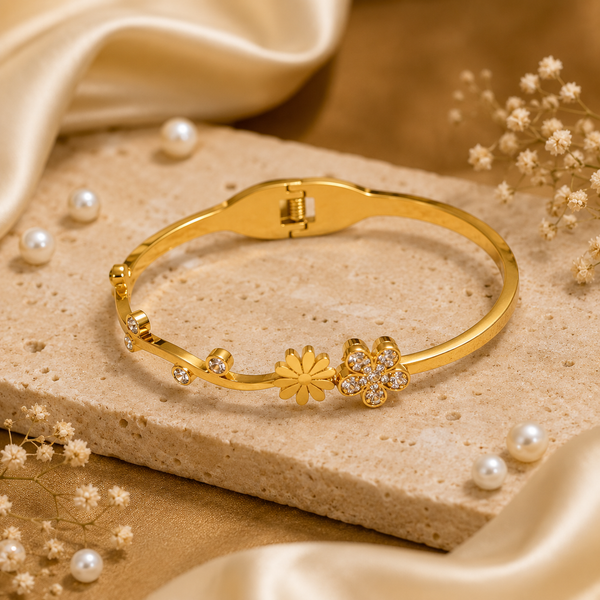 Kadas Gold-Tone Openable Floral Motif Kada with Crystal-Studded Flower Accent - Polished Finish Bypass Cuff Bracelet - House of Viya