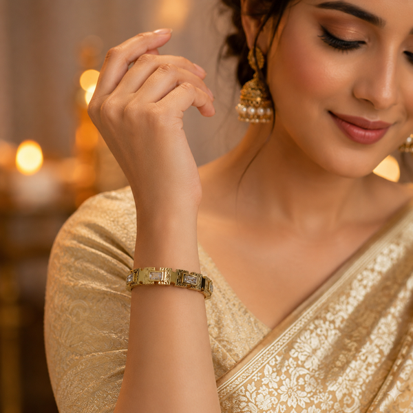 Gold Engraved Block Baguette Diamond Oval Kada for Women | Square Panel Large Stone Stainless Steel Ladies Bangle | Premium Festive Jewellery - House of Viya