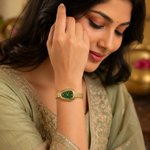 Watches Gold-Tone Square Green Dial Crystal Studded Bezel Bracelet Watch for Women