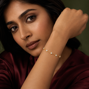 Gold Plated White Diamond Shaped Rhombus Stone Station Chain Bracelet with Lobster Clasp