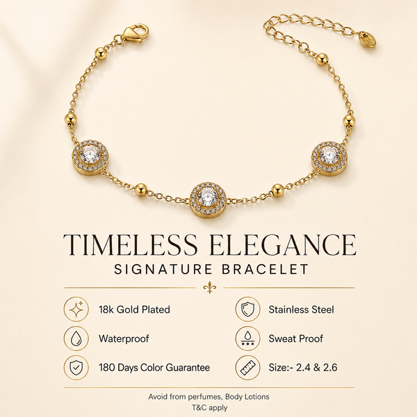 Gold Plated Chain Bracelet with Three Round Halo Floral Stations and Pave White Stone Centers - House of Viya