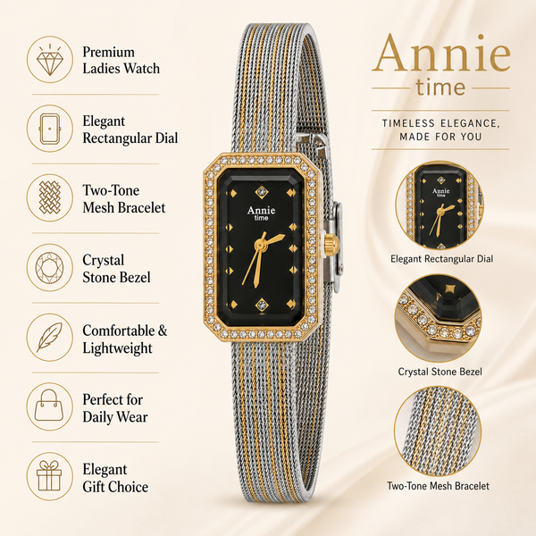 Watches Two-Tone Rectangular Black Dial Crystal Studded Bezel Bracelet Watch for Women