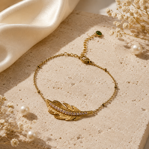 Gold Plated Leaf Charm Pendant Beaded Single Line Delicate Chain Bracelet with Lobster Clasp