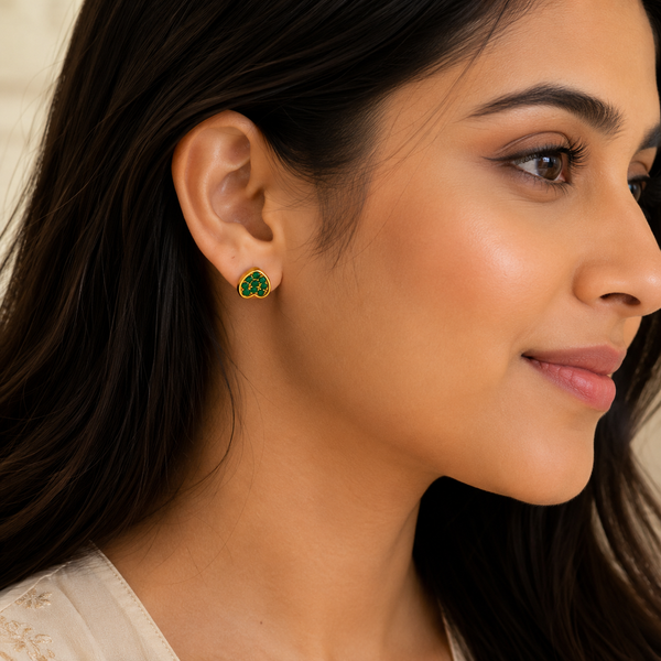 Earrings Gold Circle Ring, Emerald Halo Crown & Pave Triangle Stud Earrings Set of 3 Pairs