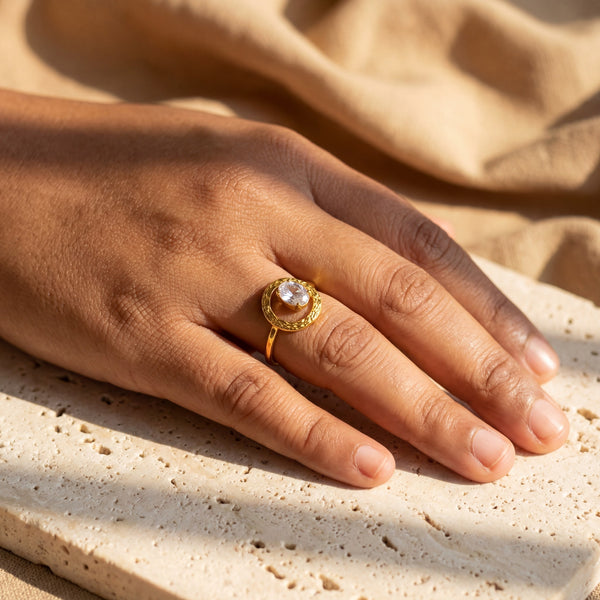Gold Plated Round Solitaire White CZ Bezel Ring | Minimalist Everyday Statement Ring