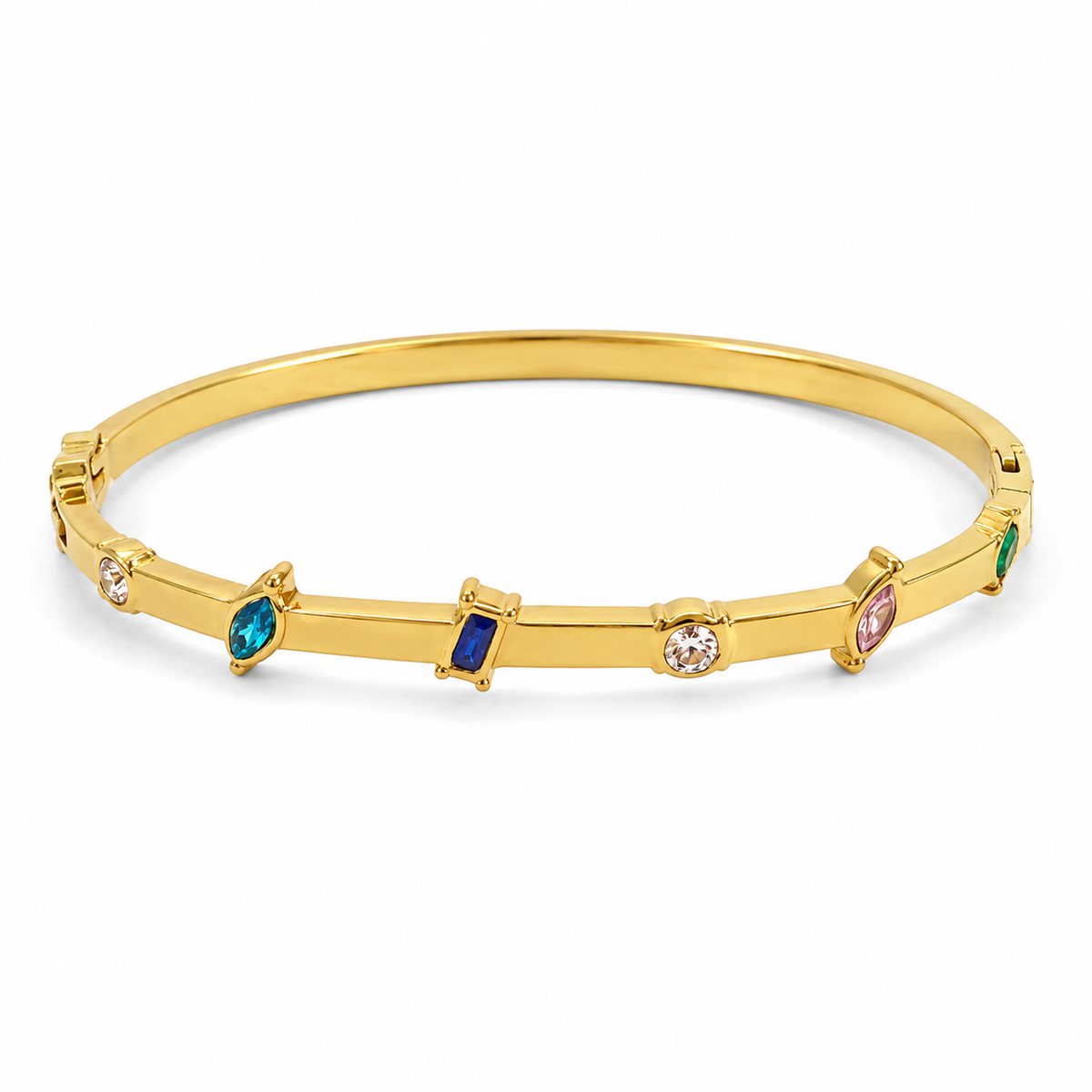 Kadas Gold-Tone Multicolour Stone-Studded Kada with Spaced Crystal Stations - Polished Finish Slim Bracelet