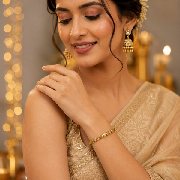 Gold Cluster Diamond Trio Oval Kada for Women | Three Stone Group Stainless Steel Ladies Bangle | Statement Festive Jewellery - House of Viya