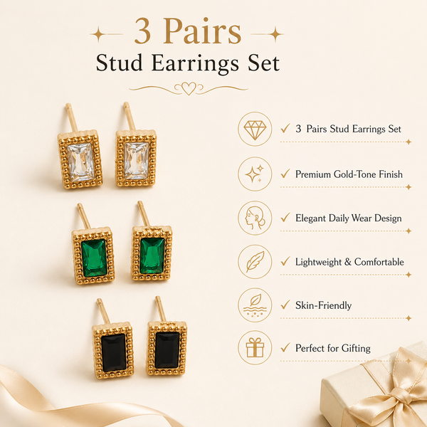 Earrings Crystal, Emerald & Black Onyx Rectangle Halo Drop Stud Earrings Set of 3 Pairs